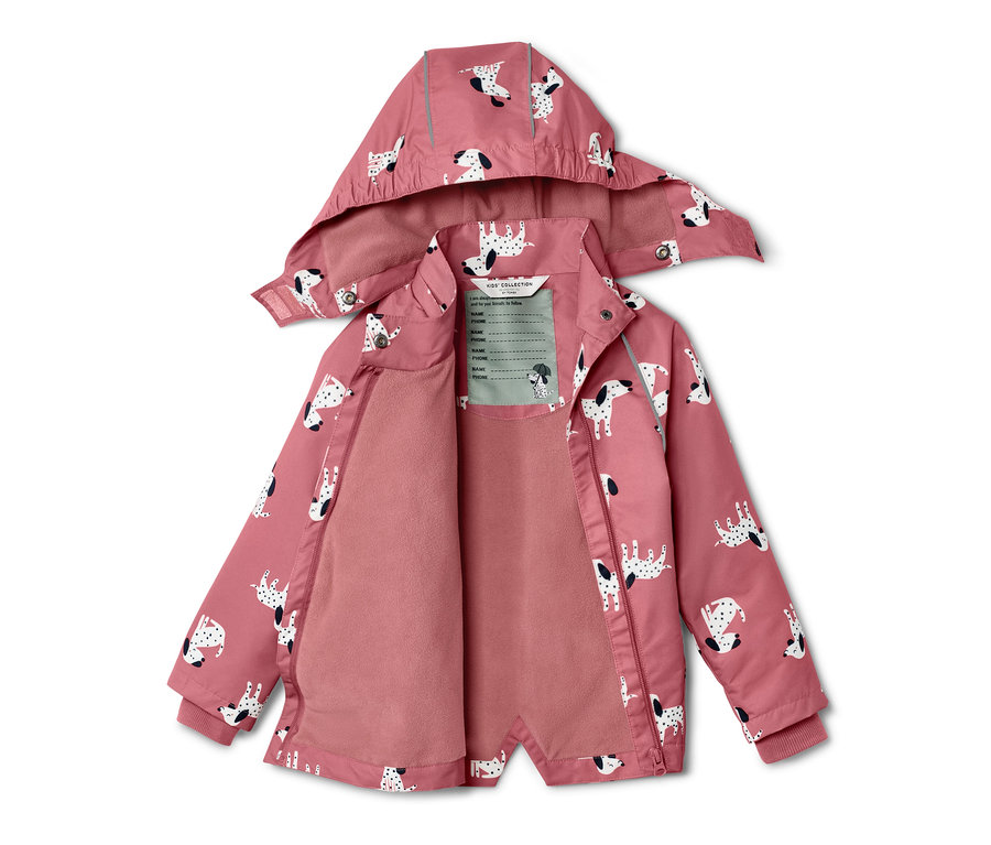 Veste de pluie thermique ouverte pour enfant avec imprimé de chiens.