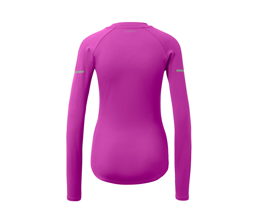 Vue détaillée de dos du t-shirt technique à manches longues rose baie fluo.