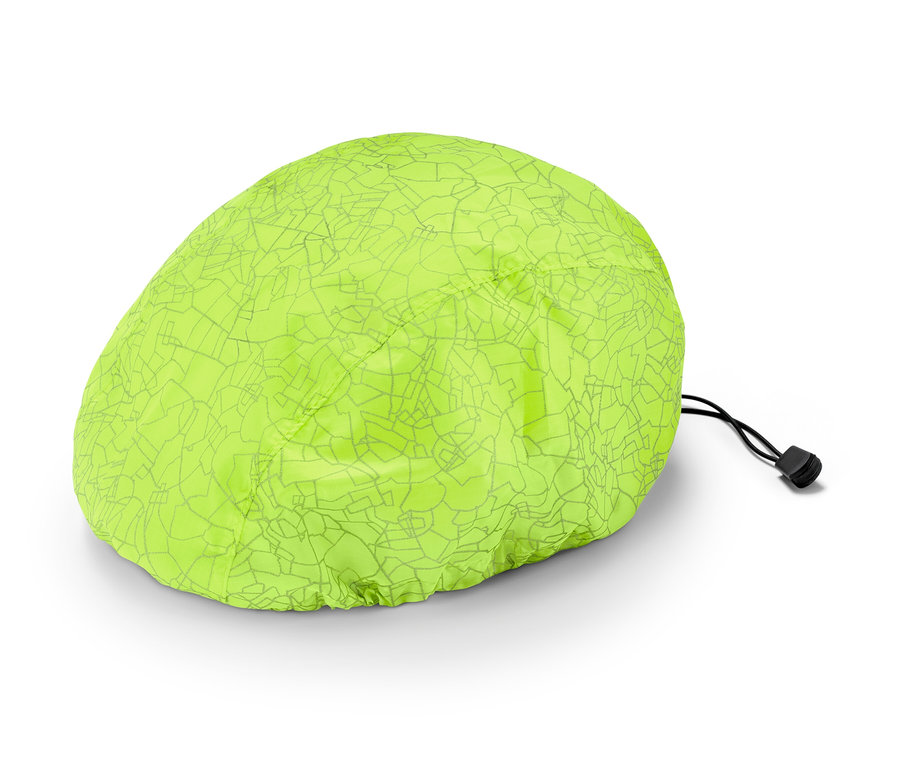 Housse de casque de vélo vert néon avec motif géométrique gris et cordon de serrage.