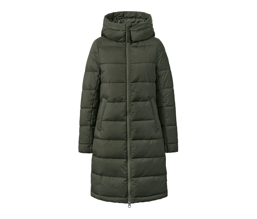 Manteau matelassé kaki avec capuche et fermeture éclair.