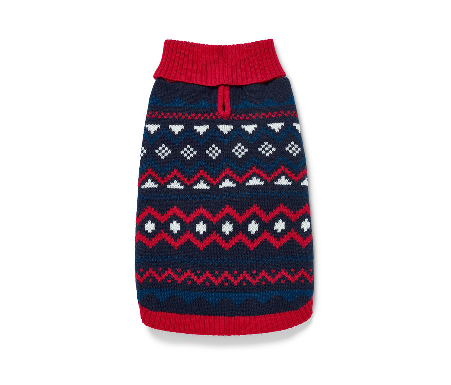 Pull pour chien avec motif tricoté en bleu, rouge et blanc.