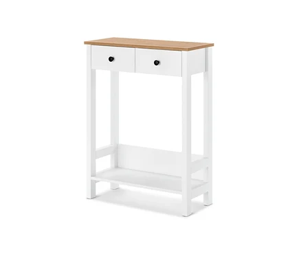 Une console avec 2 tiroirs avec un plateau en bois et un cadre blanc.