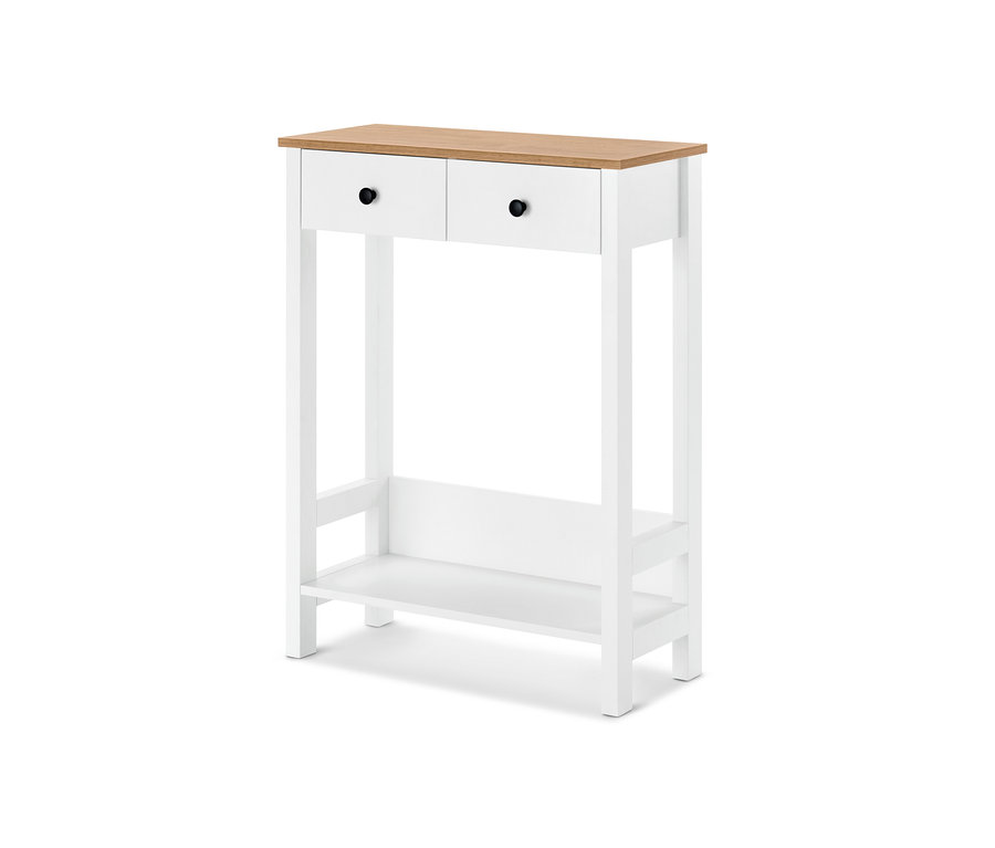 Une console avec 2 tiroirs avec un plateau en bois et un cadre blanc.