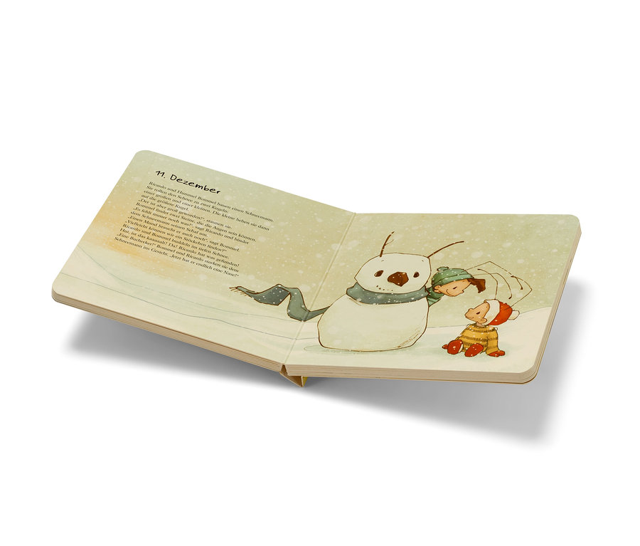 Illustration du livre « Die Baby-Hummel Bommel ‒ Advent, Advent » montrant des enfants construisant un bonhomme de neige.