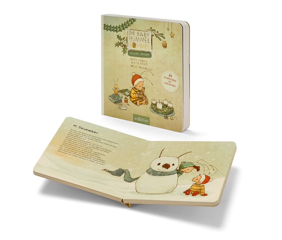 Deux livres avec des illustrations. Le livre du haut est « Die Baby-Hummel Bommel ‒ Advent, Advent » (livre de l’Avent, en allemand).