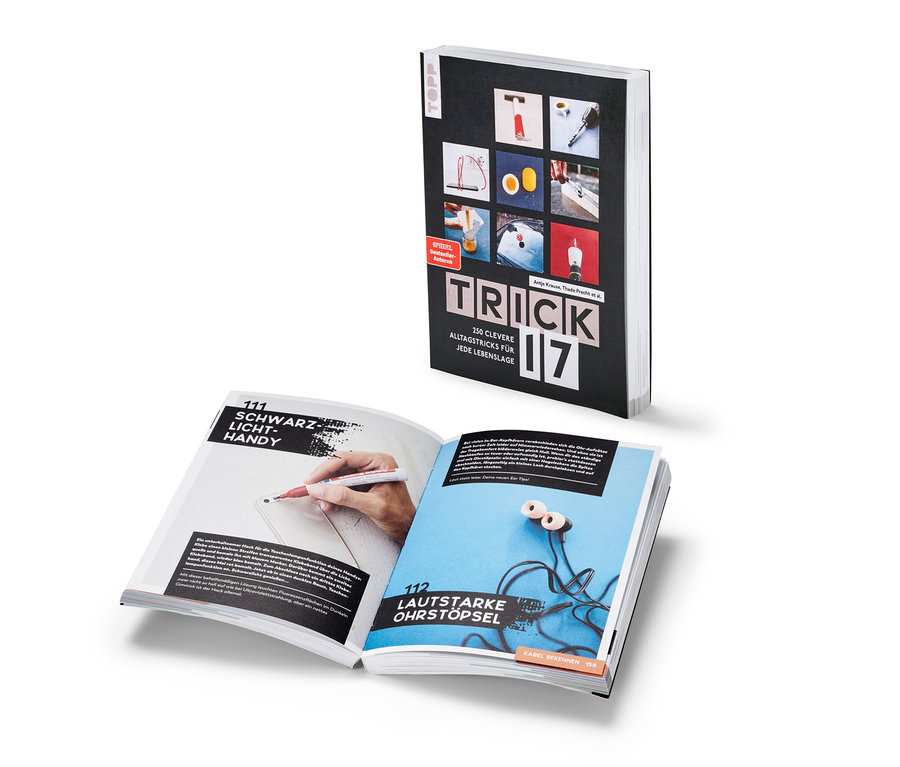 Un livre ouvert « Trick 17 » avec des descriptions d'astuces quotidiennes.