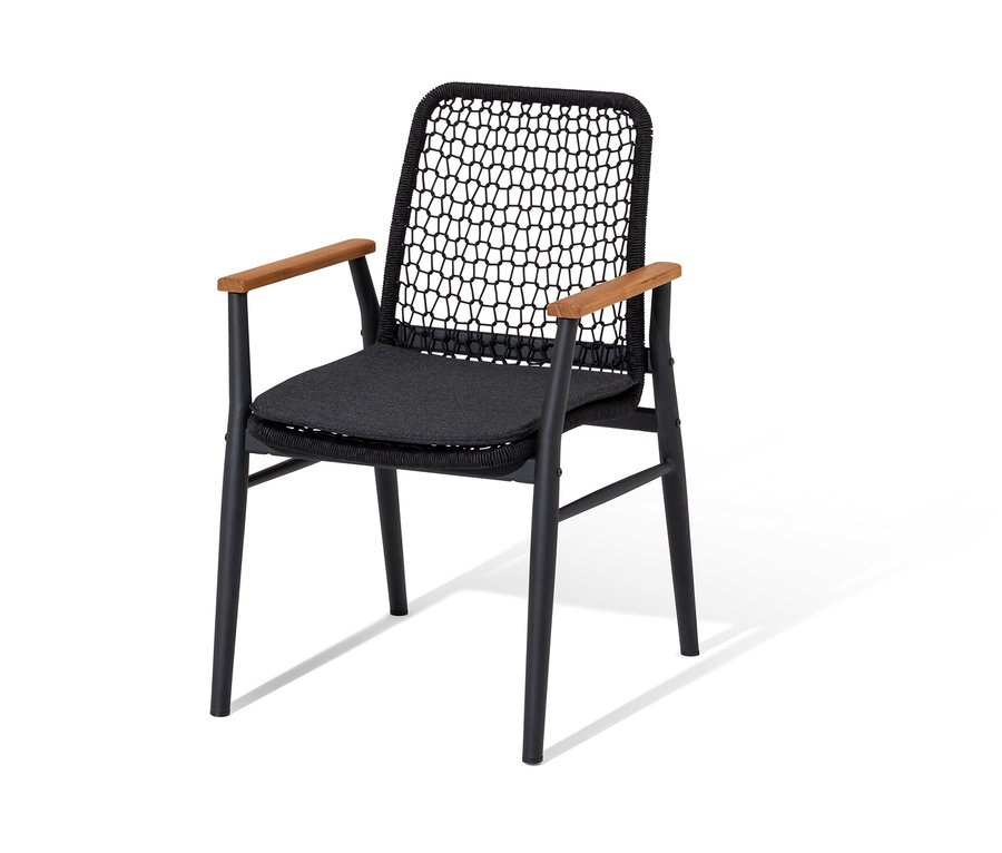 Chaise Dining avec accoudoirs en teck et tressage textile.