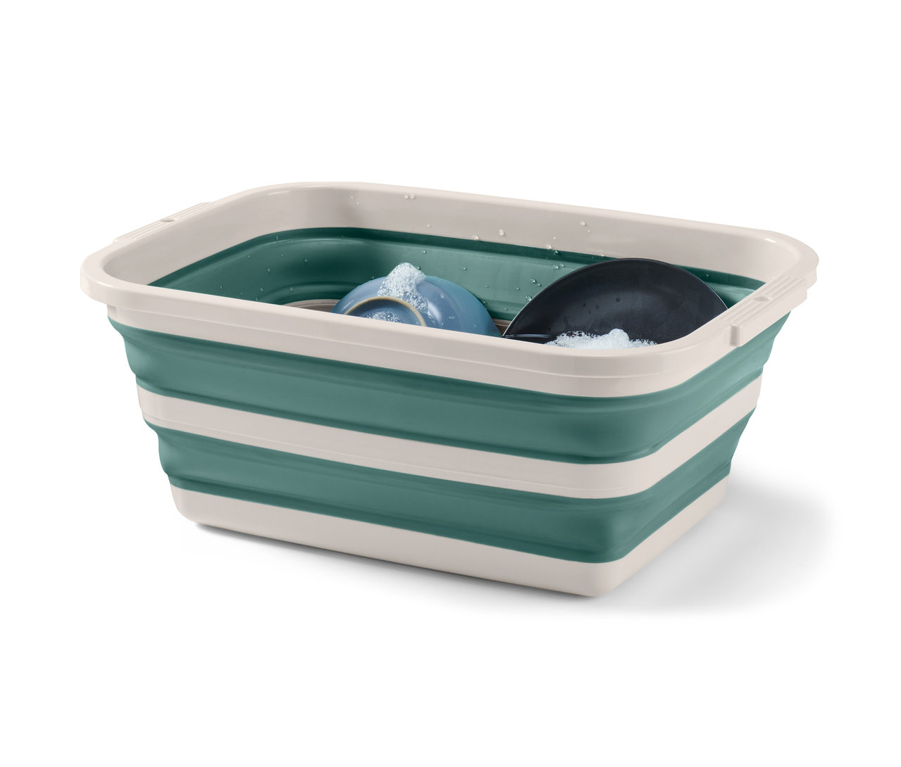 Bassine à linge et à vaisselle avec un bol bleu et une assiette noire à l'intérieur.