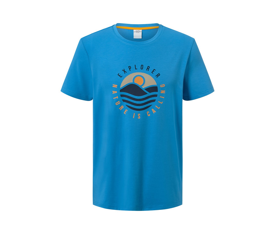 T-shirt bleu avec imprimé montagne et lettrage.