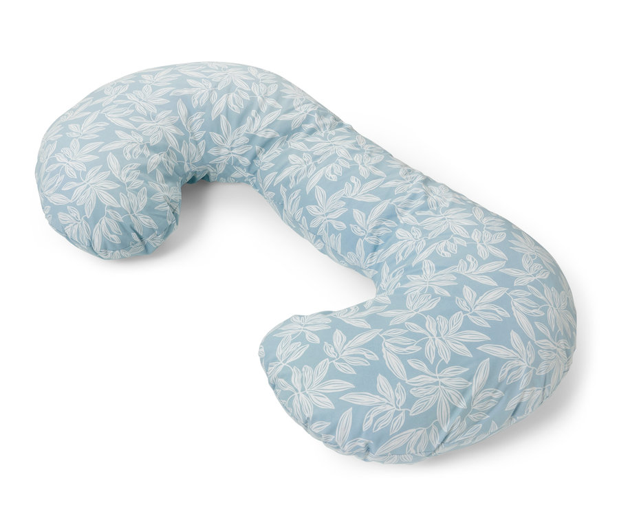 Un coussin XL bleu clair pour dormir sur le côté avec un motif floral blanc.