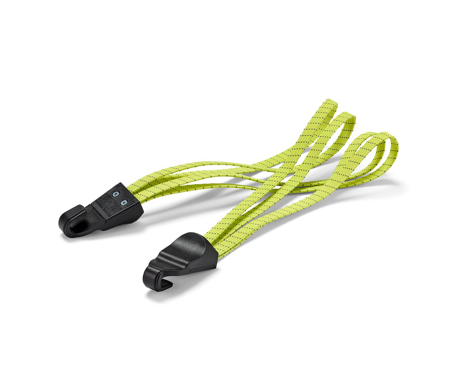 Deux sangles de vélo jaunes avec des crochets noirs aux extrémités.