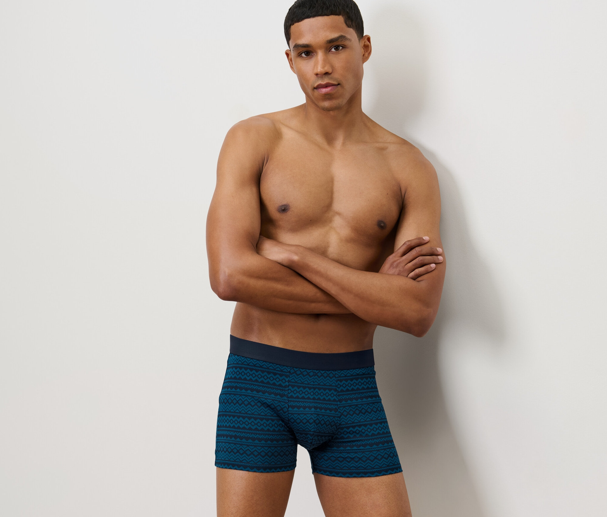 Un homme pose, les bras croisés, portant 2 boxers norvégiens.