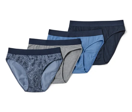 Quatre slips, 4 pièces, motif cachemire, gris, bleu et bleu foncé, posés les uns sur les autres.