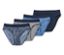 Quatre slips, 4 pièces, motif cachemire, gris, bleu et bleu foncé, posés les uns sur les autres.