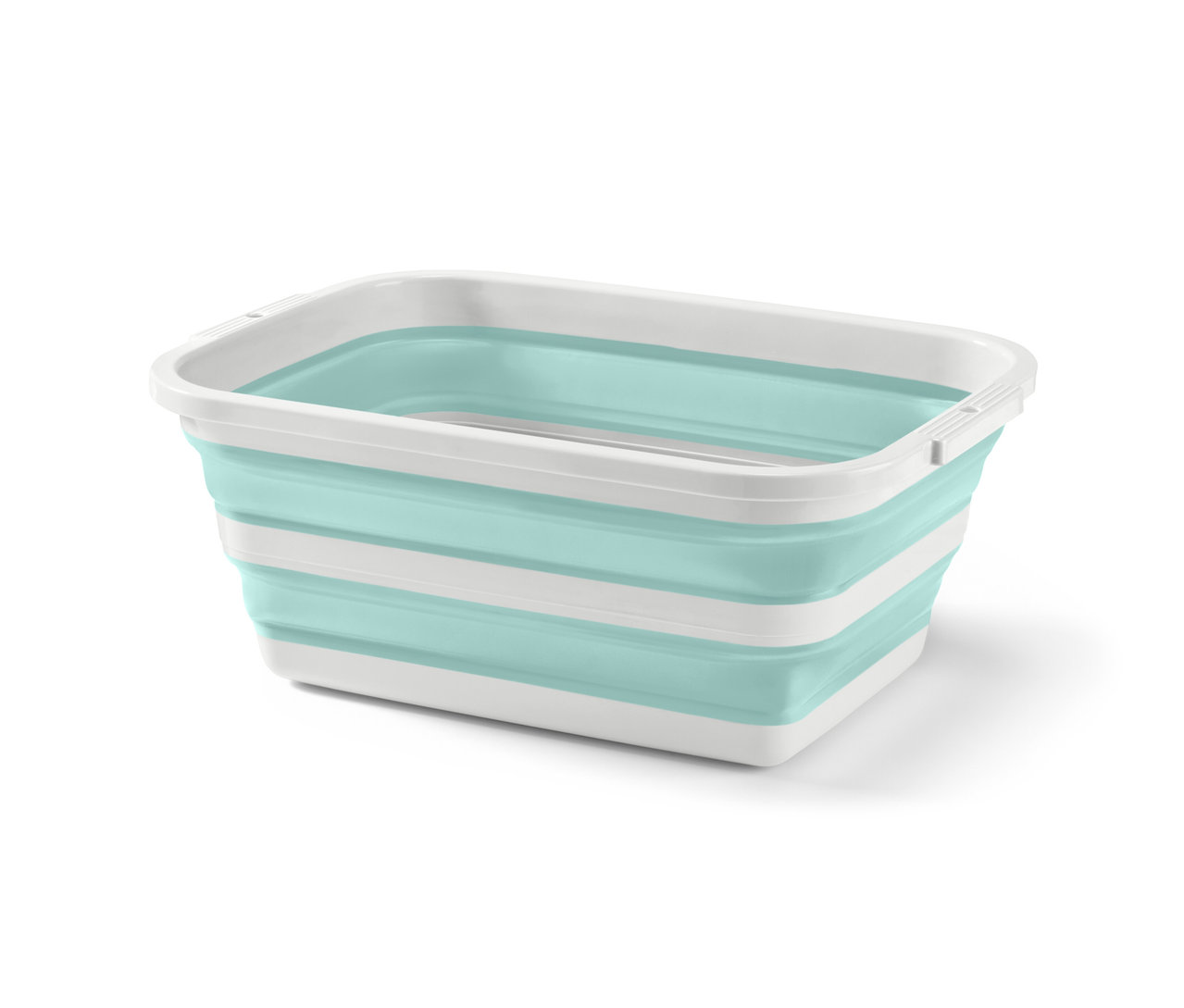 Un panier à linge pliable turquoise et blanc.