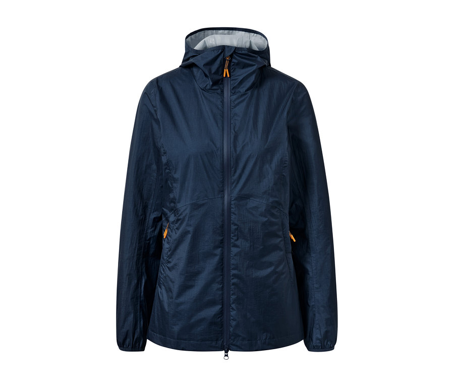Veste de pluie bleu foncé pliable.