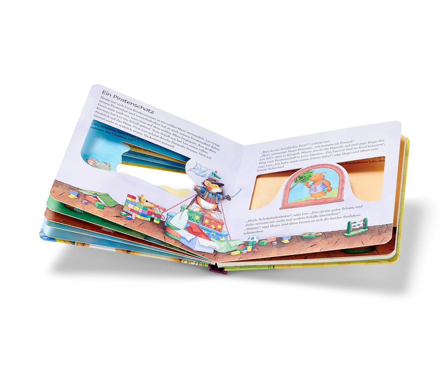 Livre ouvert avec des illustrations. Livre « Leo Lausemaus – meine Freundschaftsgeschichten ».