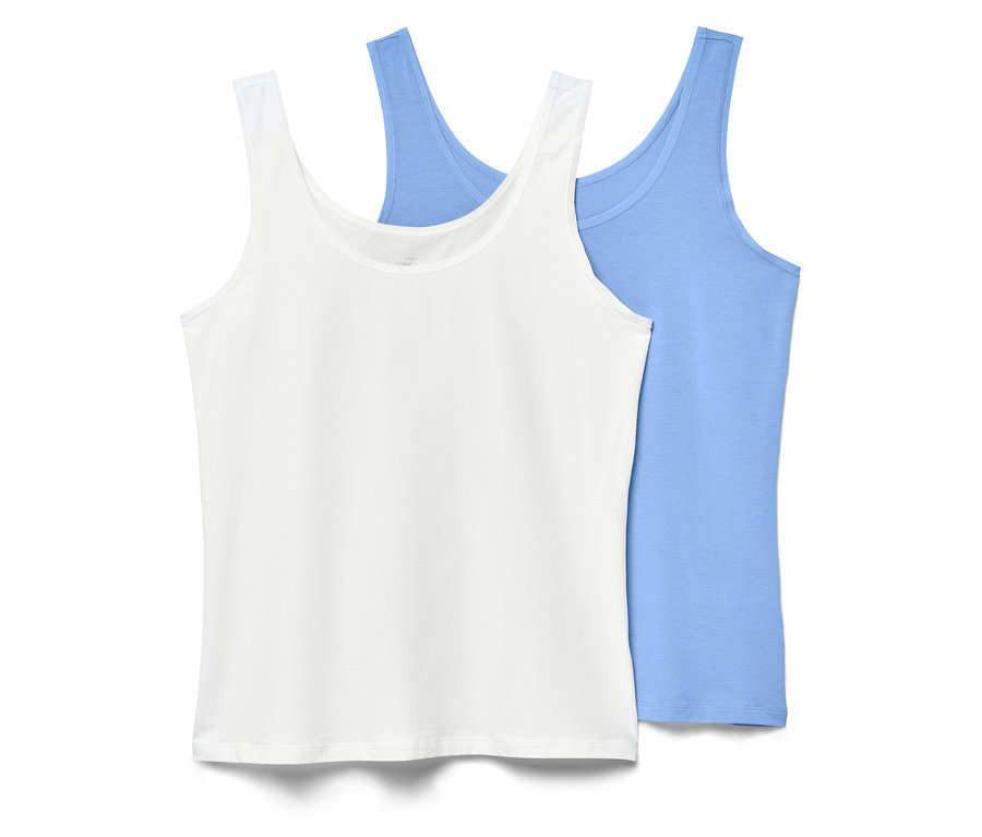 Deux débardeurs pour femmes : un blanc et un bleu.