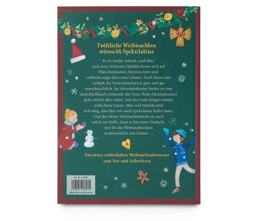 Image de la couverture arrière d'un livre de Noël. Les illustrations montrent des enfants, un bonhomme de neige et des décorations de Noël.