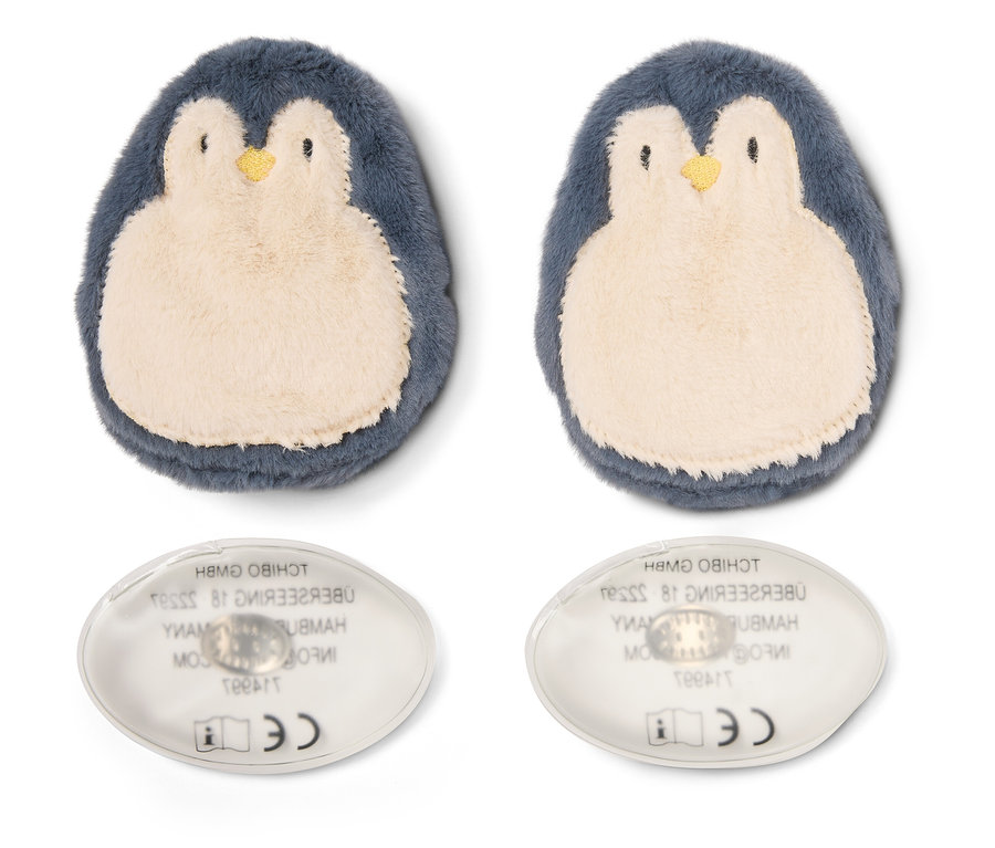 Deux paires de coussins chauffants en forme de pingouin sur fond blanc.
