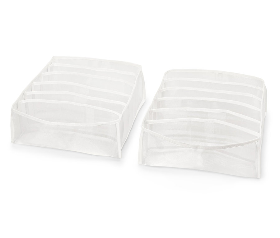 Deux organiseurs de tiroir blancs avec compartiments sur fond blanc.