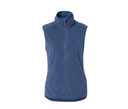 Gilet sans manches en polaire bleu avec fermeture éclair au centre.