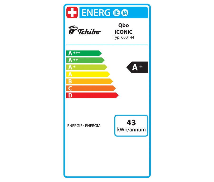 Étiquette énergétique pour Qbo ICONIC. Classe A+ avec une consommation annuelle de 43 kWh.
