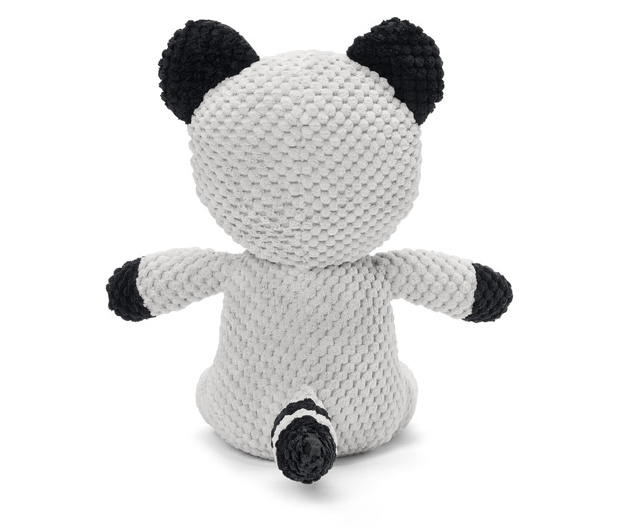 Arrière d'un panda en peluche avec des oreilles, des bras et une queue noirs sur un fond blanc.