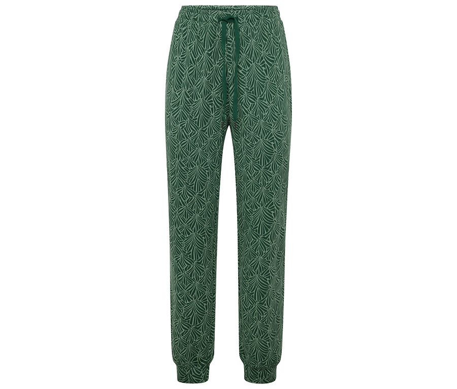Pantalon de jogging vert avec motif de feuilles claires.