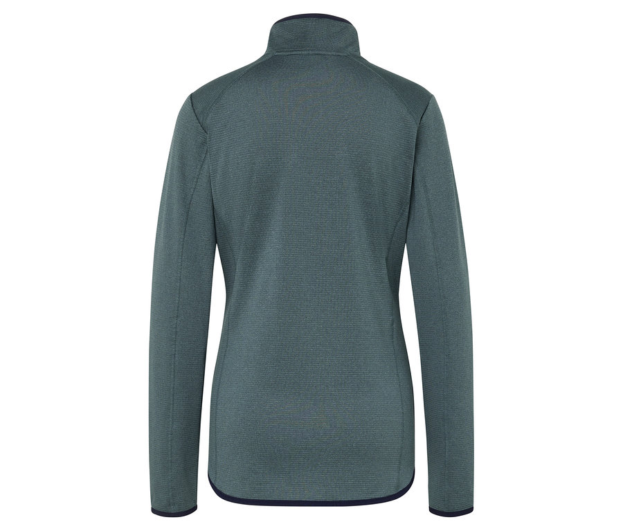 Vue arrière d'une veste en polaire verte avec une fermeture éclair sur toute la longueur.