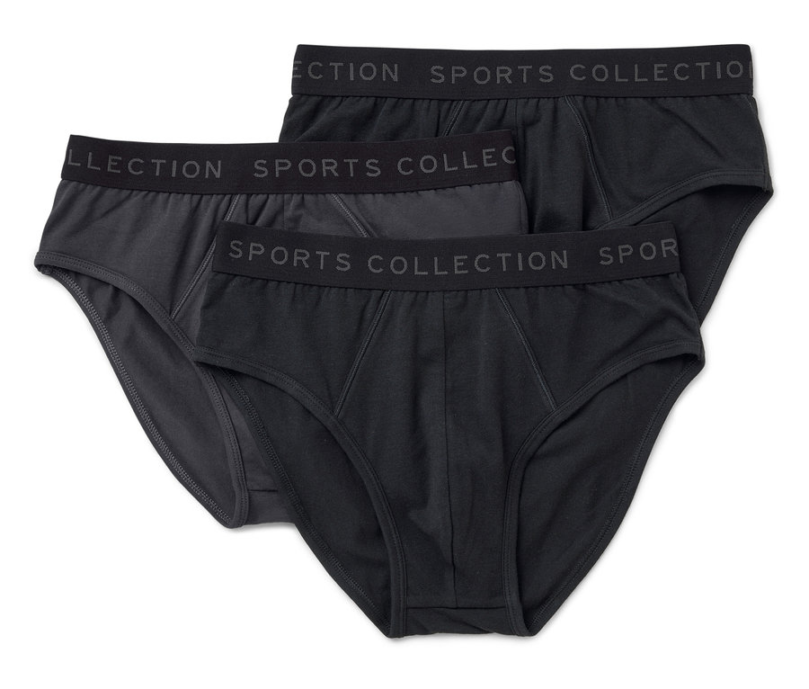 Trois slips pour hommes, un gris et deux noirs, sont posés les uns sur les autres. La ceinture porte l'inscription SPORTS COLLECTION.