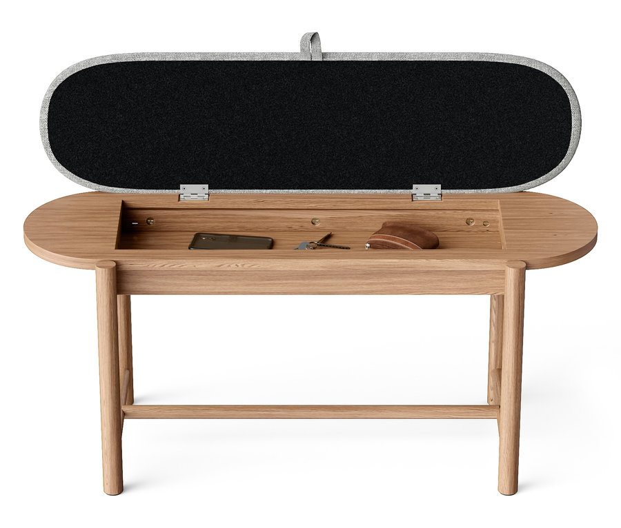 Banc en bois ouvert avec rangement et doublure grise.