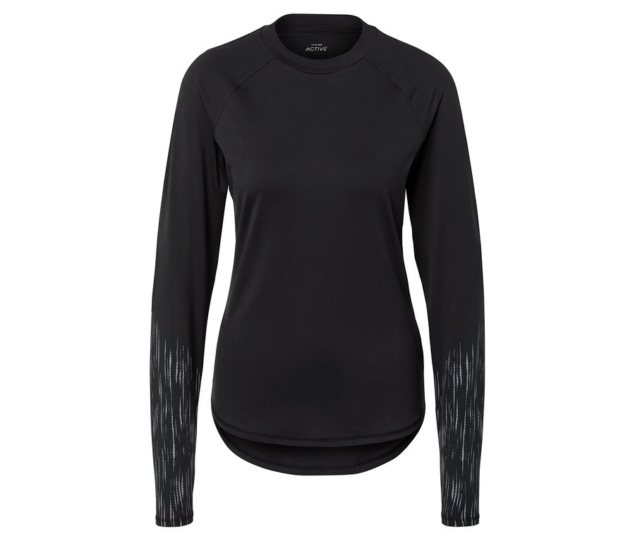 T-shirt noir à manches longues avec motif sur les manches.