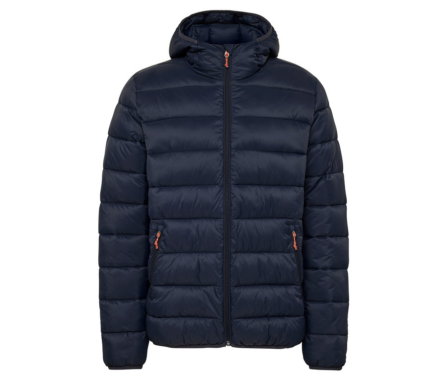 Doudoune bleu marine avec capuche et détails de fermeture éclair orange.