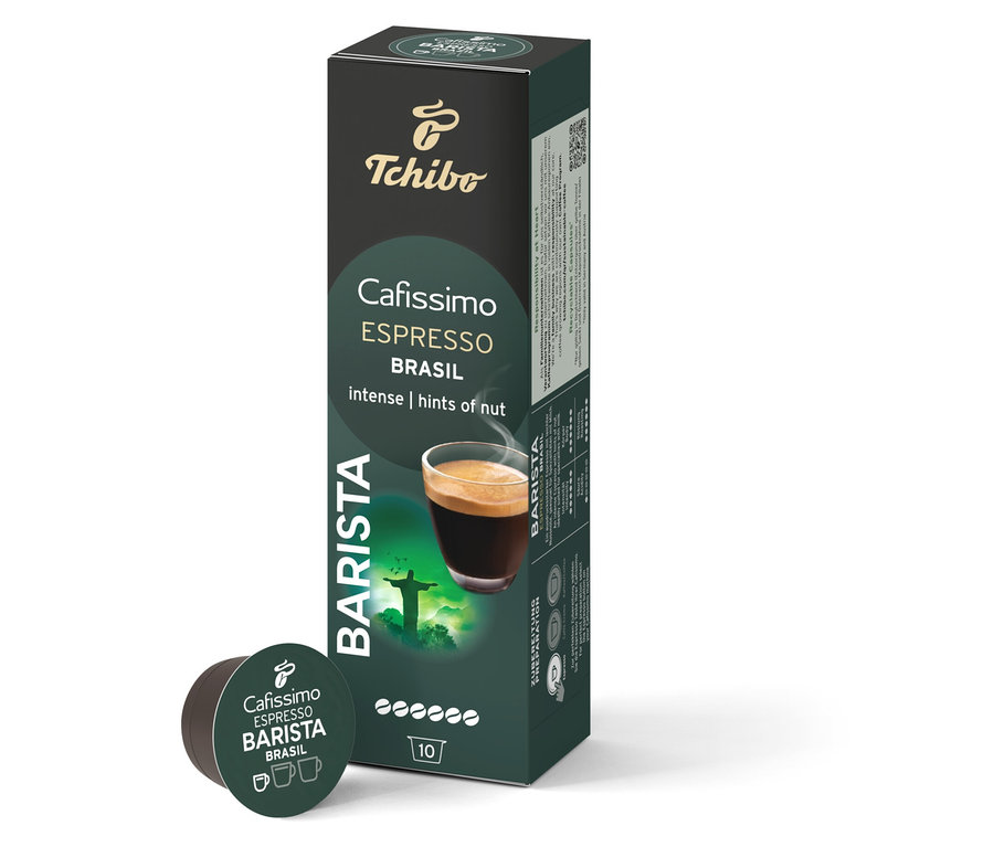 Un paquet et une capsule de Cafissimo Barista Espresso Brasil.