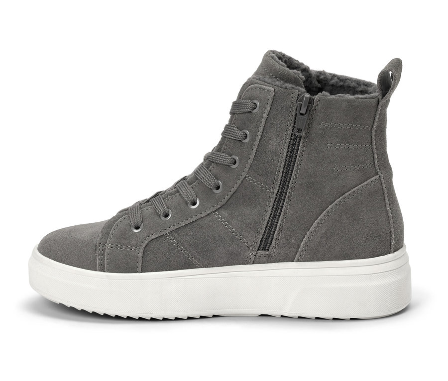 Baskets grises à lacets et fermeture éclair sur semelle blanche.