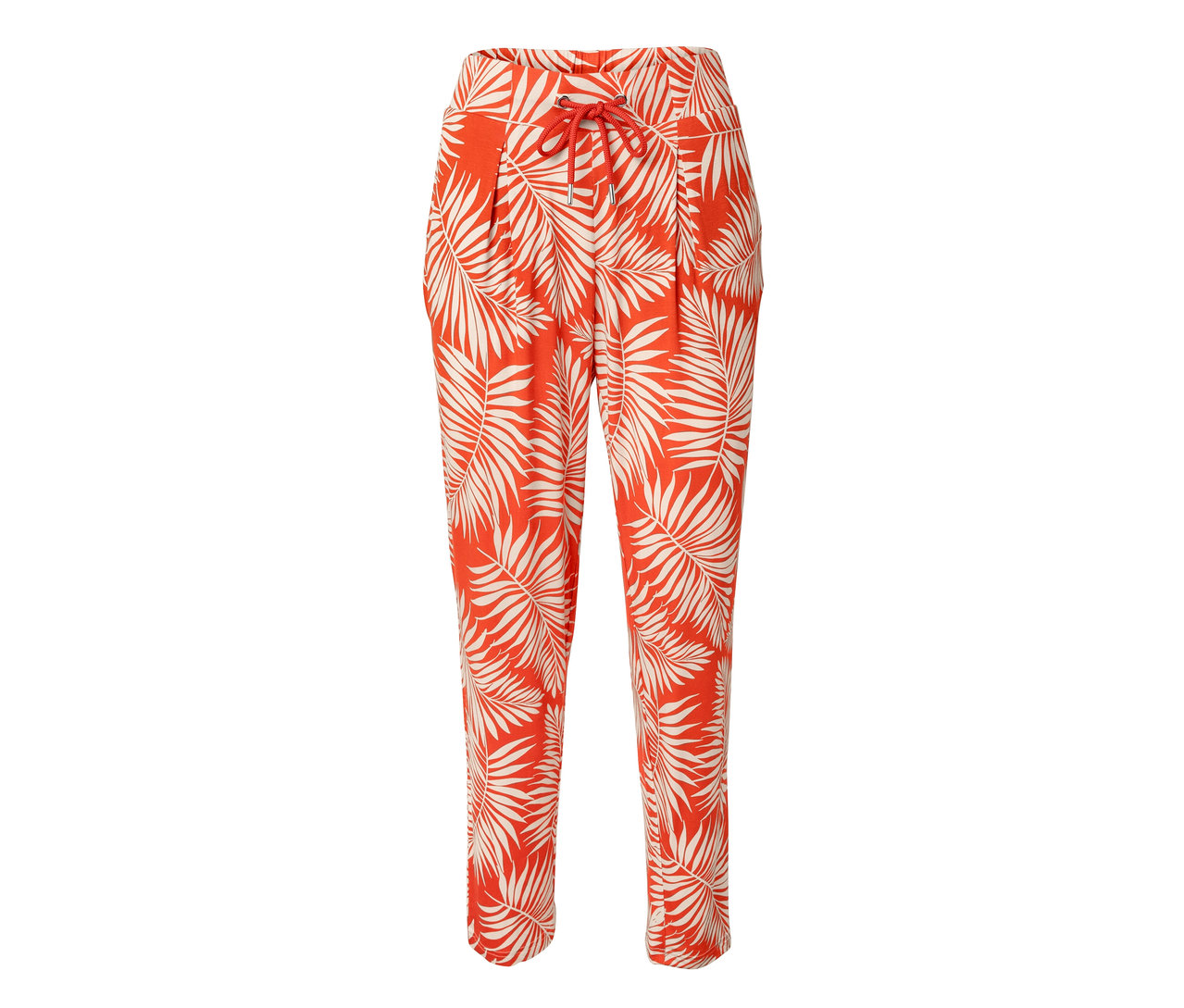 Pantalon en jersey imprimé orange avec motif de feuilles.