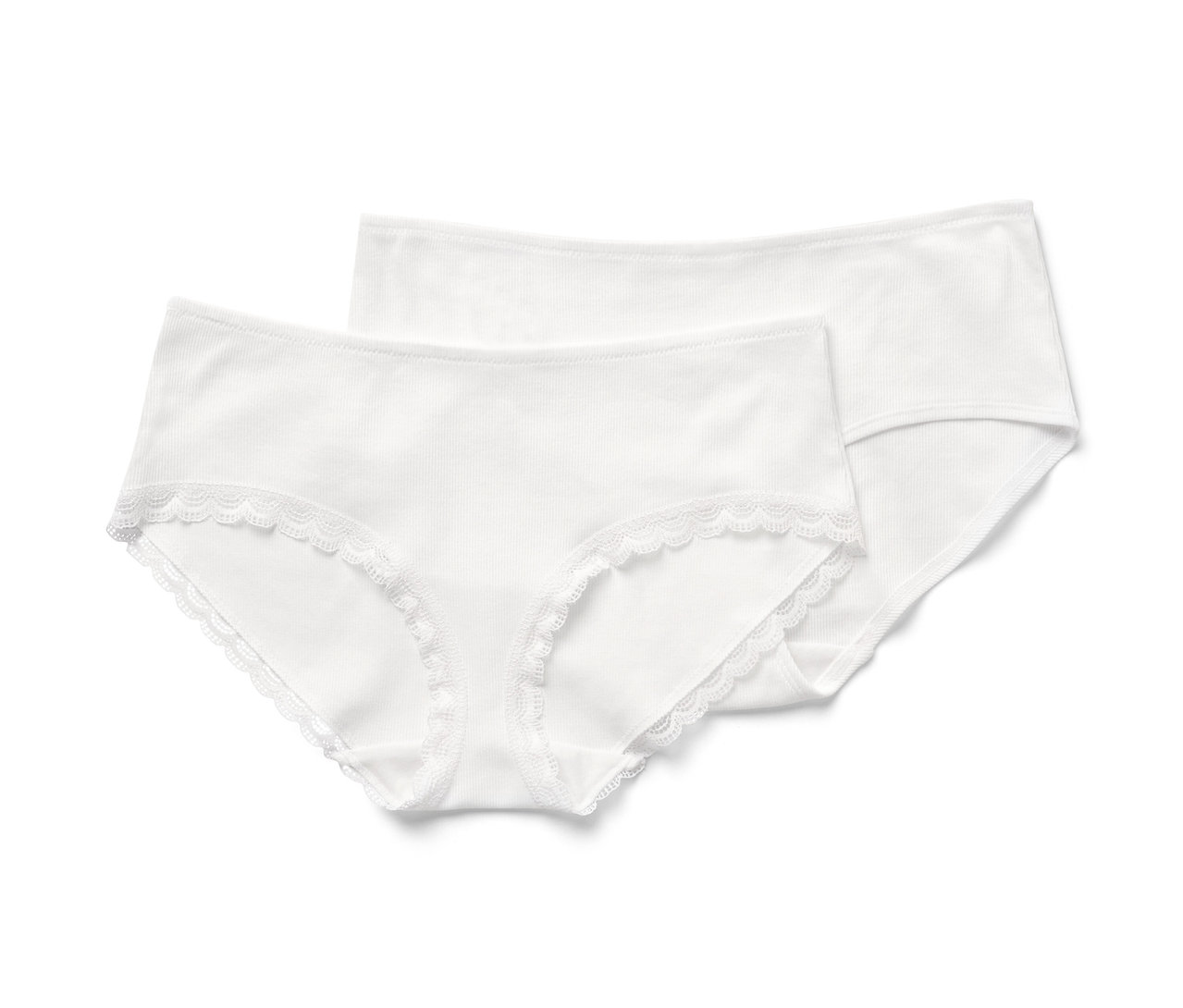 Deux culottes blanches en matière côtelée avec de la dentelle.