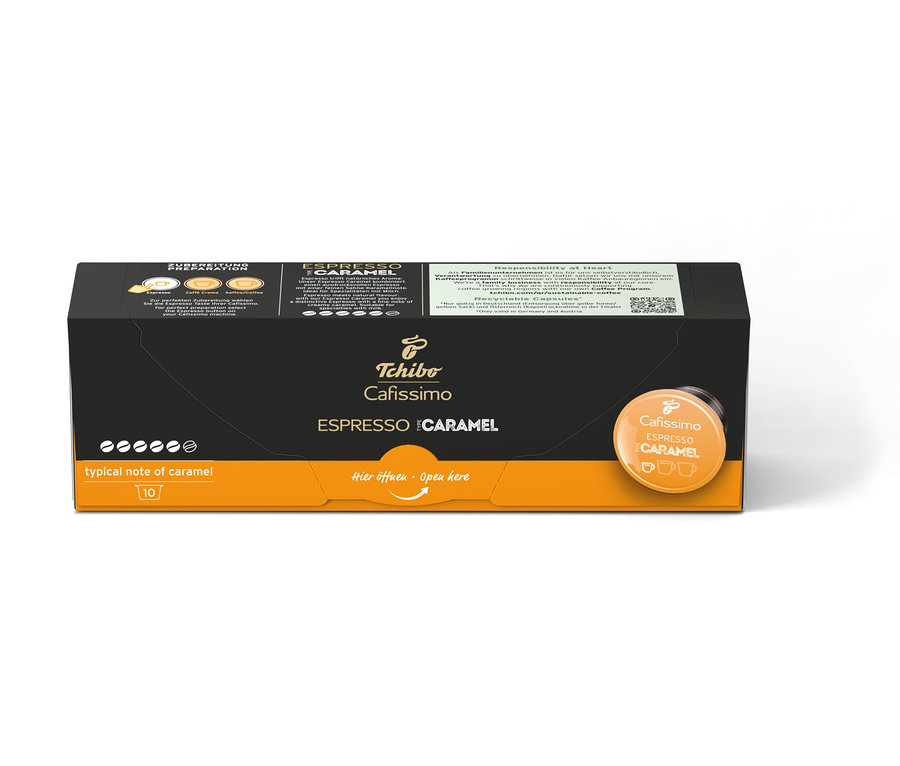 Un paquet de Cafissimo Flavoured Edition Espresso Caramel de 10 capsules.