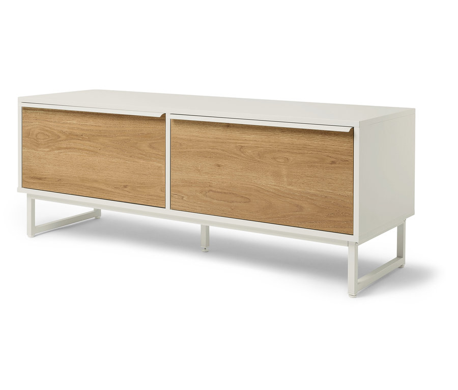 Meuble TV blanc avec deux tiroirs en bois.