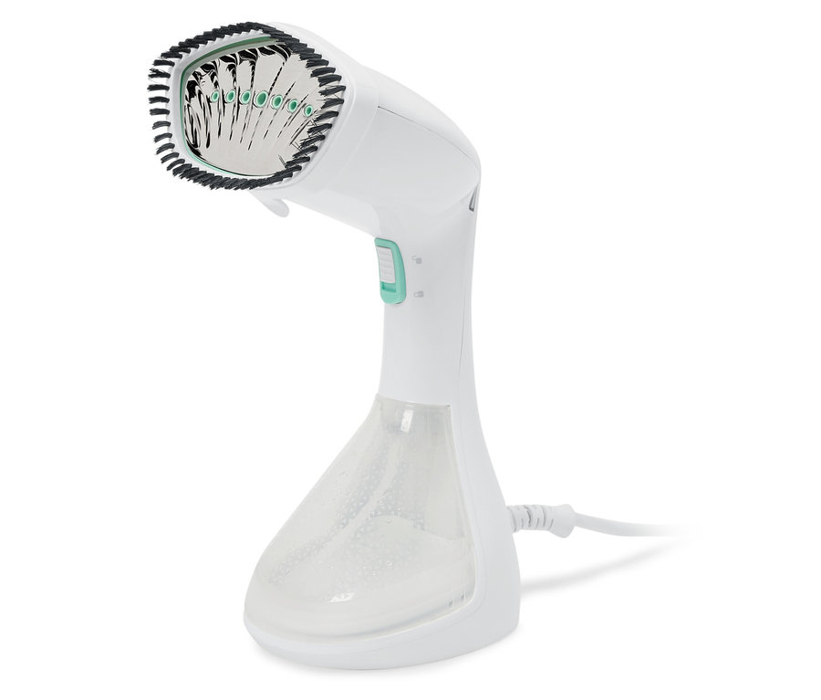 Défroisseur à main blanc avec réservoir d'eau transparent.