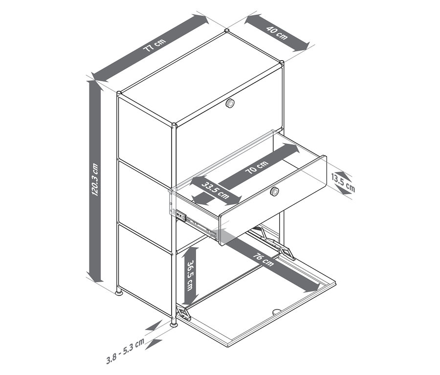 Illustration d'un produit montrant une armoire blanche avec un tiroir et une porte, les dimensions sont indiquées.