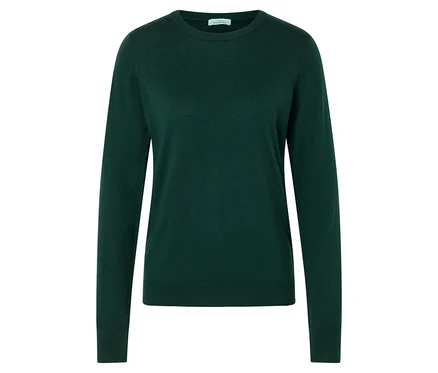 Pull en maille fine de laine mérinos vert foncé.