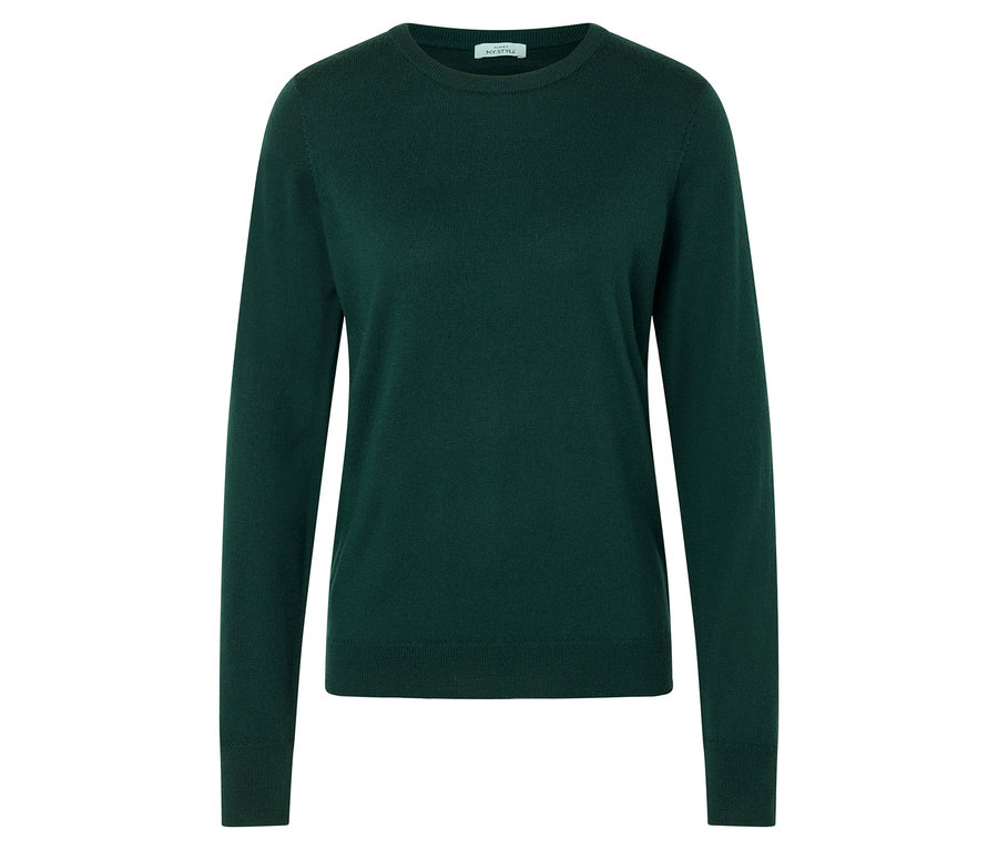 Pull en maille fine de laine mérinos vert foncé.