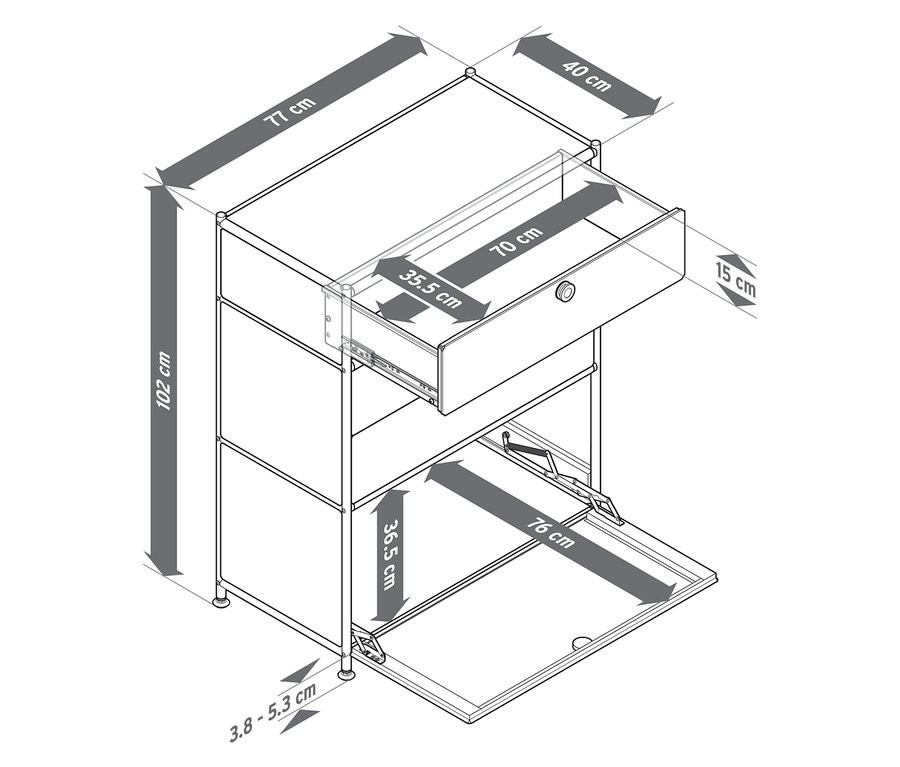 Schéma d'une commode métallique « CN3 » avec 3 tiroirs et 1 abattant, dimensions indiquées.