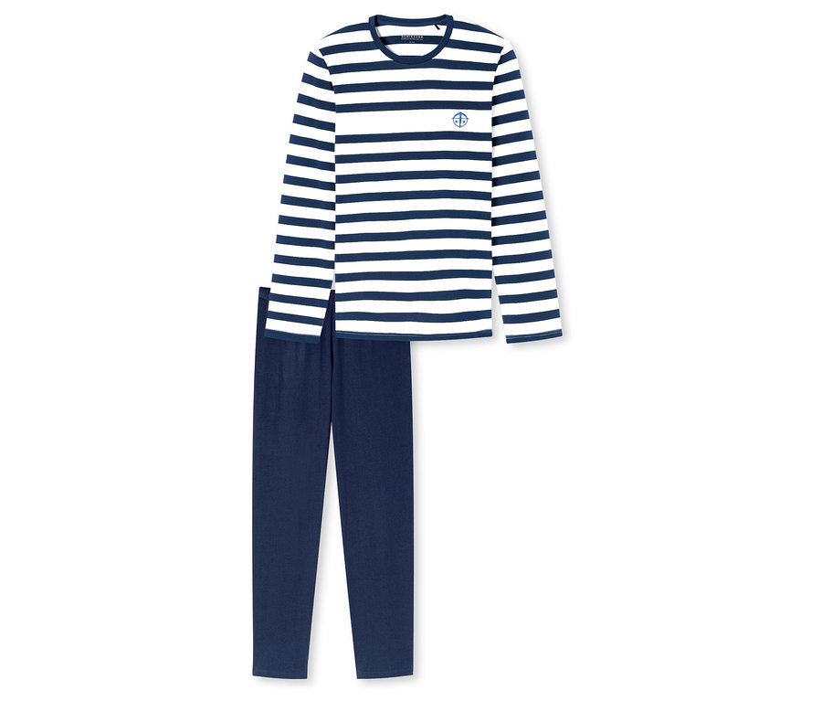 Un ensemble de pyjama SCHIESSER est posé sur un fond blanc, comprenant un haut à manches longues rayé blanc et bleu et un pantalon bleu marine.