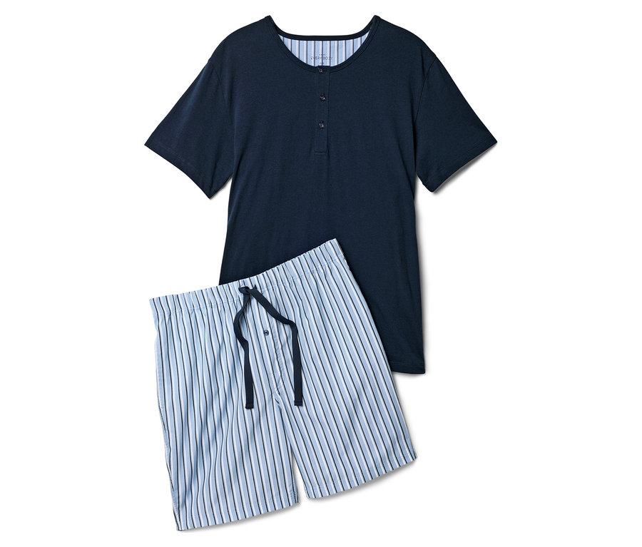Haut de pyjama bleu marine à patte boutonnée et short de pyjama court rayé à cordon de serrage.