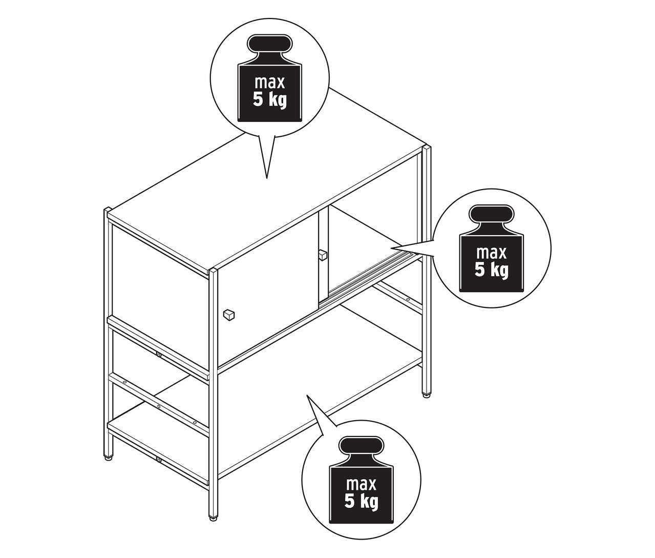 Vue de dessus d'un buffet pour enfant «
A
GADE
A
» avec portes coulissantes aspect bois et gris, avec indications de poids maximum.