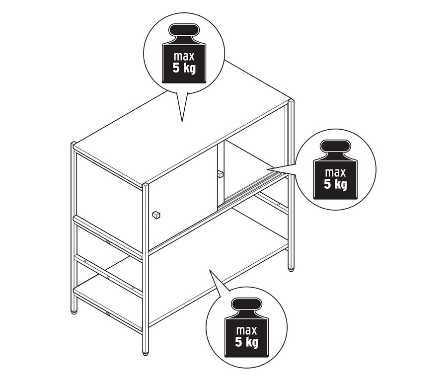 Vue de dessus d'un buffet pour enfant «
A
GADE
A
» avec portes coulissantes aspect bois et gris, avec indications de poids maximum.