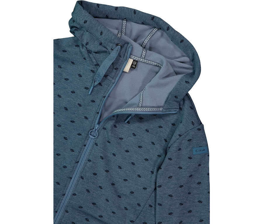 Gros plan sur un sweat à capuche CMP bleu à motifs, partiellement ouvert.